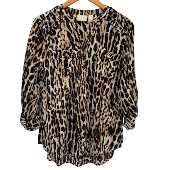 Chico's Blouse Womens Medium Leopard Popover Long Roll Tab Sleeves V-Neck Shirt - Picture 1 of 9